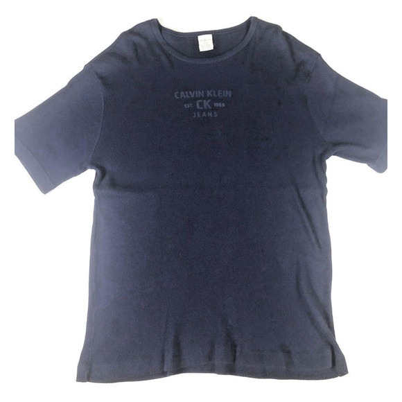 Calvin Klein T Shirt Vintage Y2K 90s Mens Large Ribbed Spell Out Navy Blue Knit - Picture 1 of 4
